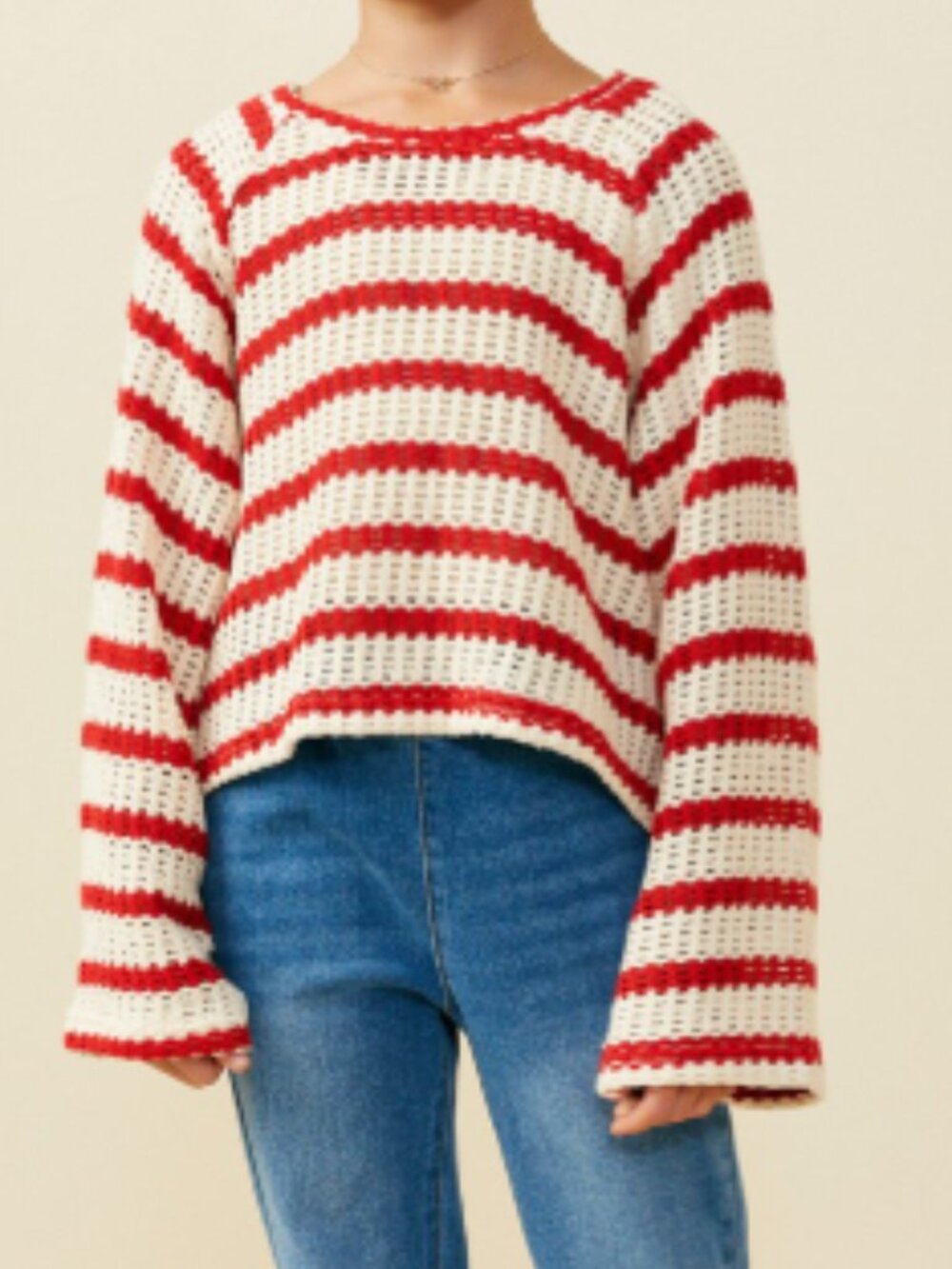 Girls Open Knit Striped Loose Knit Top